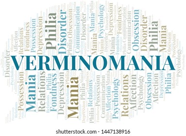 Verminomania word cloud. Type of mania, made with text only.