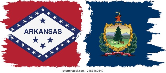 Vermont and Arkansas states grunge brush flags connection, vector