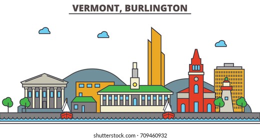 Vermont, Burlington.City skyline: architecture, buildings, streets, silhouette, landscape, panorama, landmarks, icons. Editable strokes. Flat design line vector illustration concept.