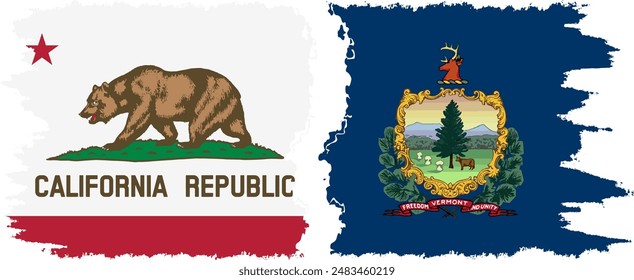 Vermont and California states grunge brush flags connection, vector