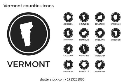 Vermont counties icons. Black round logos with US state counties maps and titles. Vector illustration.