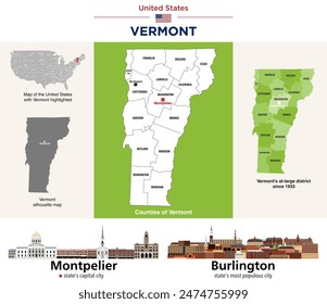 Vermont counties map and at-large congressional district map. Skylines of Montpelier (state's capital city) and Burlington (state's  most populous city). Vector set