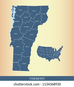 Vermont county map vector outline in blue background. Vermont state of USA map with counties names labeled