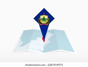 Vermont is depicted on a folded paper map and pinned location marker with flag of Vermont. Folded vector map.