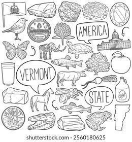 Vermont Doodle Icons Black and White Line Art. USA State Clipart Hand Drawn Symbol Design.Illustrator Artwork.