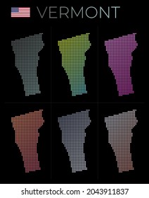Vermont dotted map set. Map of Vermont in dotted style. Borders of the US state filled with beautiful smooth gradient circles. Vibrant vector illustration.