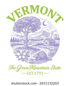 Vermont The Green Mountain State - US State Vintage T-shirt Vector, USA States Cityscape Landmark Icons, American State Typography Shirt, USA Skyline Clipart, Retro travel city illustration
