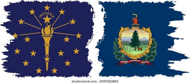 Vermont and Indiana states grunge brush flags connection, vector