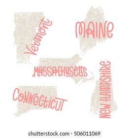 Vermont, Maine, Massachusetts, Connecticut, New Hampshire USA state outline art with custom lettering for prints and crafts. United states of America wall art of individual states