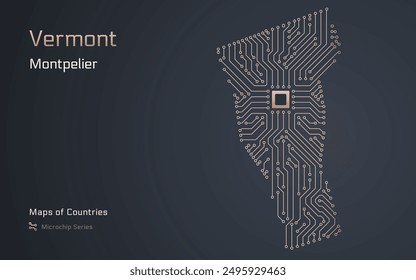 Vermont Map with a capital of Montpelier Shown in a Microchip Pattern. E-government. United States vector maps. Microchip Series	
