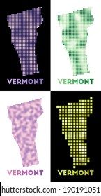 Vermont map. Collection of maps of Vermont in dotted style. Borders of the US state filled with rectangles for your design. Vector illustration.