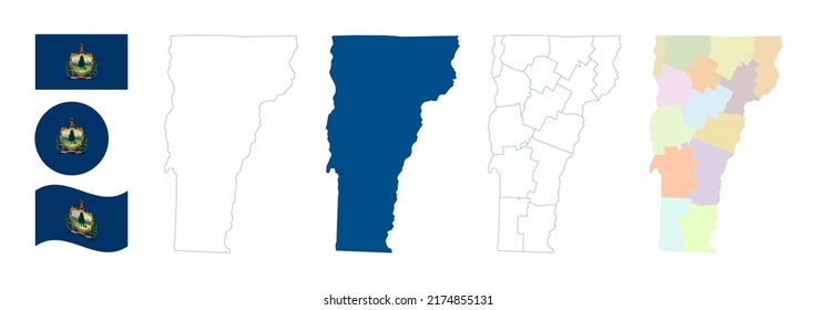 Vermont map. Detailed blue outline and silhouette. Administrative divisions and counties. Flag of Arizona. Set of vector maps. All isolated on white background. Template for design.
