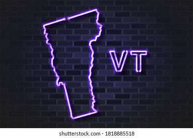 Mapa vermont de luz de neón brillante o tubo de vidrio. Ilustración vectorial realista. Muro de ladrillo negro, sombra suave.