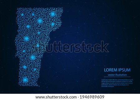 Vermont map from point blue and glowing stars on a dark background. Vector eps 10.