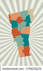 Mapa de Vermont. Afiche con mapa del estado de ee.uu. en paleta de color retro. Forma de Vermont con fondo de rayos solares. Ilustración vectorial.