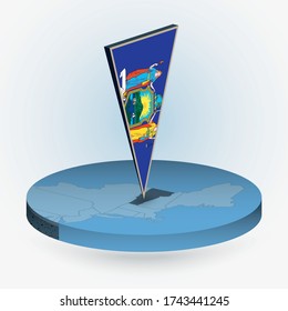 Vermont map in round isometric style with triangular 3D flag of US State Vermont, vector map in blue color.