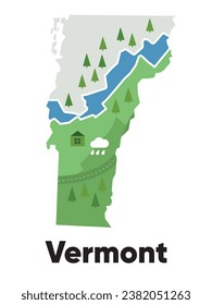 Vermont map shape of states cartoon style with forest tree and river landscape graphic illustration
