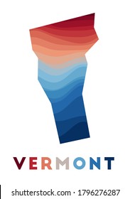 Vermont map. Map of the US state with beautiful geometric waves in red and blue colors. Vivid Vermont shape. Vector illustration.