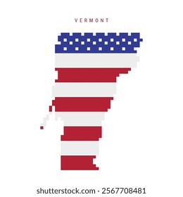 Vermont pixel flag map icon. 8 bit pixel art map covered with american flag. Flat vector illustration isolated on white background.