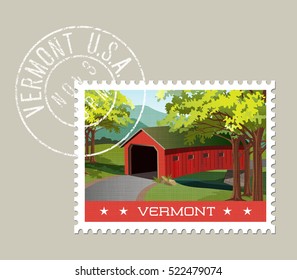 Vermont postage stamp design. Vector illustration of scenic covered bridge over stream. Grunge postmark on separate layer