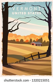 Vermont retro poster. USA Vermont travel illustration. United States of America greeting card. vector illustration.