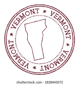 Vermont round rubber stamp with US state map. Vintage red passport stamp with circular text and stars, vector illustration.