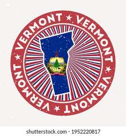 Vermont round stamp. Logo of US state with state flag. Vintage badge with circular text and stars, vector illustration.