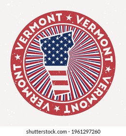 Vermont round stamp. Logo of US state with flag. Vintage badge with circular text and stars, vector illustration.