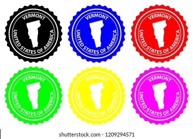 Vermont - rubber stamp - vector, Vermont (United States of America) map pattern - sticker - black, blue, green, yellow, purple and red 