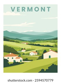 Vermont Rural Landscape - Houses and Rolling Hills Illustration vector illustration