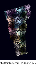 Vermont, shape of the state built of colored cells. Digital style map of Vermont on a dark background. Small size circle blocks. Vibrant vector illustration.