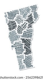 Vermont shape text cloud. State border with shadow on white background. Vermont with counties division in vintage gazette style. Creative vector illustration.