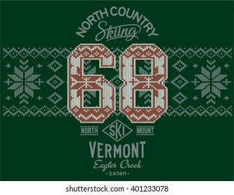 Vermont skiing with Norwegian knitting motif, print or embroidery artwork for sweatshirt or sweater