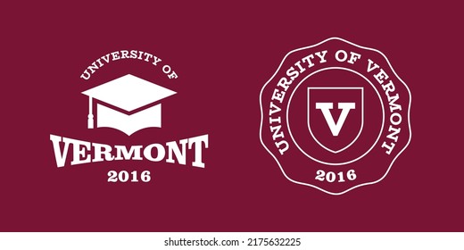 Vermont slogan typography graphics for t-shirt. University print and logo for apparel. T-shirt design with shield and graduate hat. Vector illustration.