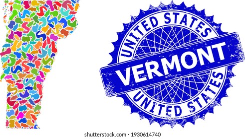 Vermont State map abstraction. Spot mosaic and distress seal for Vermont State map. Sharp rosette blue seal with tag for Vermont State map.
