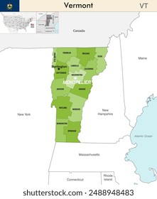 Vermont state map with counties borders. Vermont's at-large congressional district. Flag of Vermont. Vector