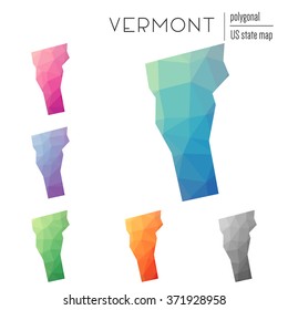 Vermont state map in geometric polygonal style. Set of Vermont state maps filled with abstract mosaic, modern design background. Multicolored state map in low poly style.