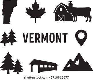Vermont state map, maple leaf, farm barn with a cow, pine trees, covered bridge, mountains, and a location pin icon on white background isolated on white background, Vector, illustration