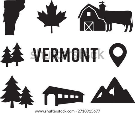 Vermont state map, maple leaf, farm barn with a cow, pine trees, covered bridge, mountains, and a location pin icon on white background isolated on white background, Vector, illustration