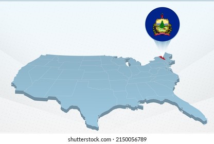 Vermont state map on United States of America map in perspective. Vector presentation.