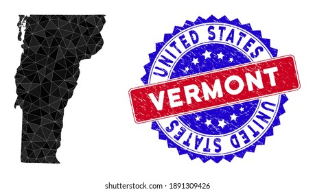 Mapa de malla poligonal del estado de Vermont con triángulos rellenos y sello bicolor rasado. Mapa del estado de Vermont de mosaico triangular con modelo de vector de malla, triángulos con tamaños y posiciones aleatorias,