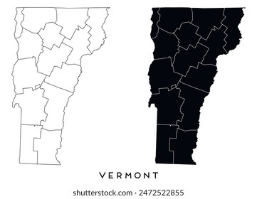 Mapa del estado de Vermont de distritos de regiones Vector negro sobre blanco y contorno