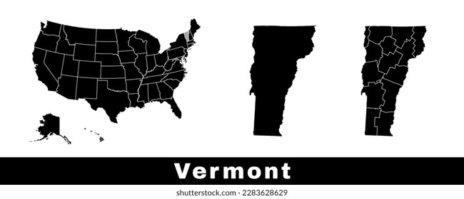 Vermont state map, USA. Set of Vermont maps with outline border, counties and US states map. Black and white color vector illustration.