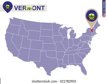 Vermont State on USA Map. Vermont flag and map. US States.
