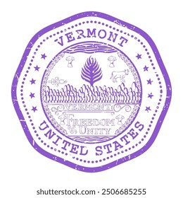 Sello del estado de Vermont con sello, sello de viaje de EE. UU., matasellos en mal estado de Vermont, Vector