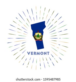 Vermont sunburst badge. The US state sign with map of Vermont with state flag. Colorful rays around the logo. Vector illustration.