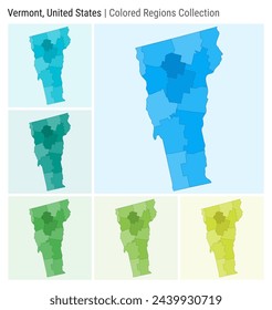 Vermont, United States. Map collection. State shape. Colored counties. Light Blue, Cyan, Teal, Green, Light Green, Lime color palettes. Border of Vermont with counties. Vector illustration.