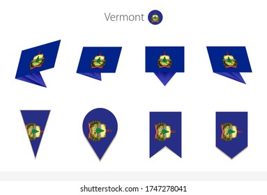 Vermont US State flag collection, eight versions of Vermont vector flags. Vector illustration.