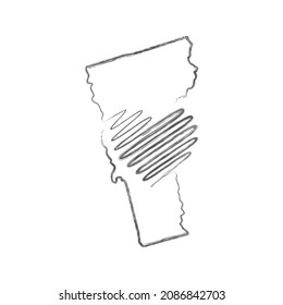 Mapa del esquema del dibujo del lápiz dibujado a mano por el estado de Vermont de EE.UU. con forma de corazón. Dibujo continuo de la línea del signo patriótico del hogar. Un amor por una pequeña patria. La idea de imprimir camisetas. Ilustración vectorial.