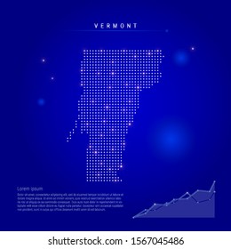 Vermont US state illuminated map with glowing dots. Infographics elements. Dark blue space background. Vector illustration. Growing chart, lorem ipsum text.